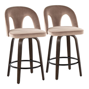 English Elm Fixed-height Swivel Counterstools Velvet Seat Walnut Bentwood Legs Set of Two B202S01794