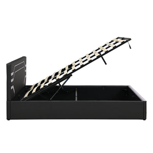 English Elm Modern Cyberpunk Queen Platform Bed Hydraulic Storage Pu Upholstered Gaming Frame Black+ Gray SF000205AAE