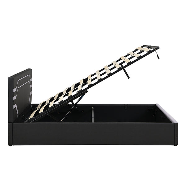 English Elm Modern Cyberpunk Queen Platform Bed Hydraulic Storage Pu Upholstered Gaming Frame Black+ Gray SF000205AAE