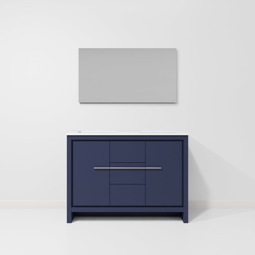 English Elm Navy Blue Double Bath Vanity With White Quartz Top, 43" Mirror & Ample Storage Solutions, 48" W B2731S01489