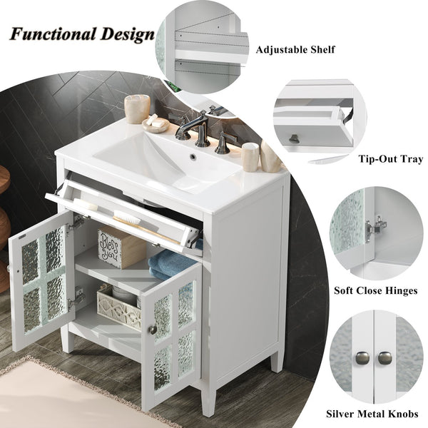 English Elm Christopher Knight Home® - 30" Bathroom Vanity with Ceramic Sink, Solid Wood Legs, Adjustable Shelf, Tip-Out Tray, Soft-Close Hinges, Silver Knobs, Moisture-Resistant Finish White N817P286250W