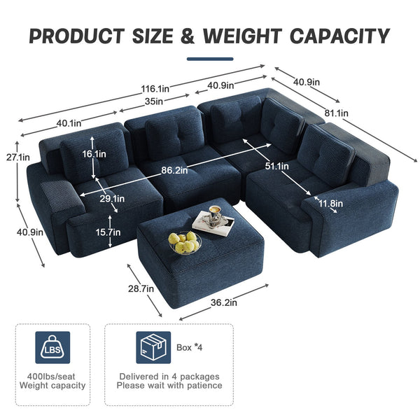 English Elm Modern Corduroy Sectional Sofa Deep Seat V Shape Tufted Couch with Movable Ottoman Blue W714S01579