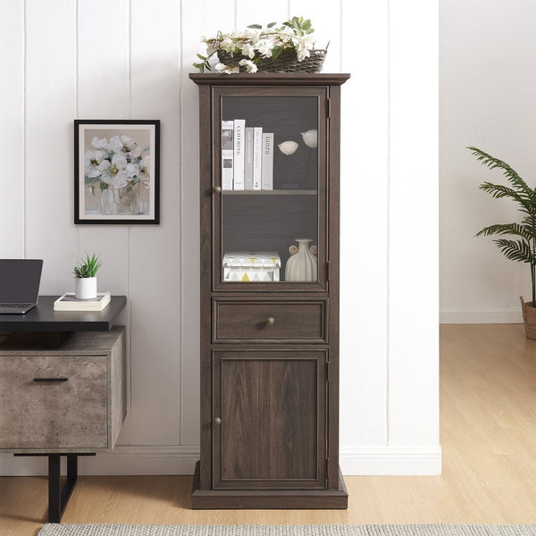 English Elm Tall Glass Storage Cabinet with Classic Farmhouse Design, Ample Shelves, Drawer & Smooth Finish Brown W2275P206603