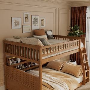 English Elm Full Xl Over Queen Bunk Bed Pinewood Frame with Led Lights Shelving Pegboard Brown LT000279AAP