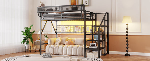 English Elm Full Size Metal Loft Bed with Wardrobe Stairs Rgb Lighting Industrial Frame W2580S00051