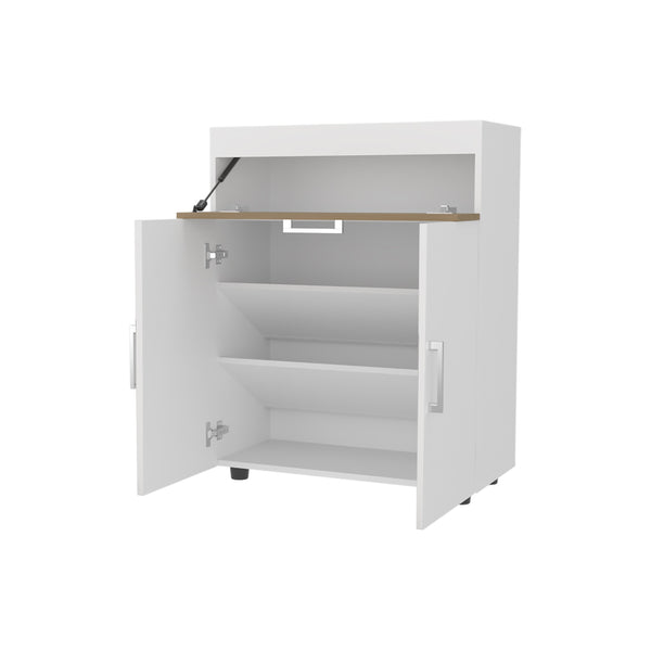 English Elm FM North Fork Shoe Rack with Pneumatic Lift-Up Compartment, Dual Doors, Scratch-Resistant Oak White Finish B128P301388