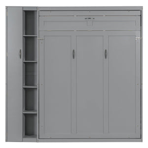English Elm Queen Murphy Wall Bed with Led Lighting Open Shelves and Wardrobe Cabinet Storage Gray LP000899AAE-1