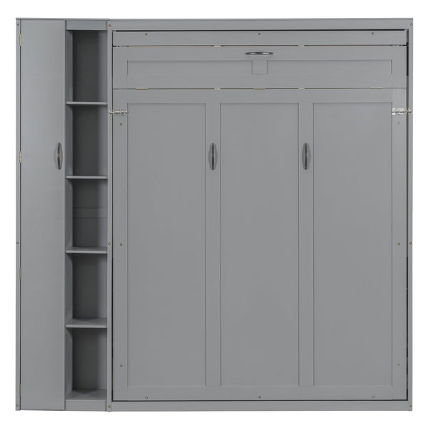 English Elm Queen Murphy Wall Bed with Led Lighting Open Shelves and Wardrobe Cabinet Storage Gray LP000899AAE-1