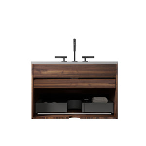 English Elm Gloria Floating Bathroom Vanity Walnut Two-tone Ceramic Sink Modern Storage Cabinet W1865S00199
