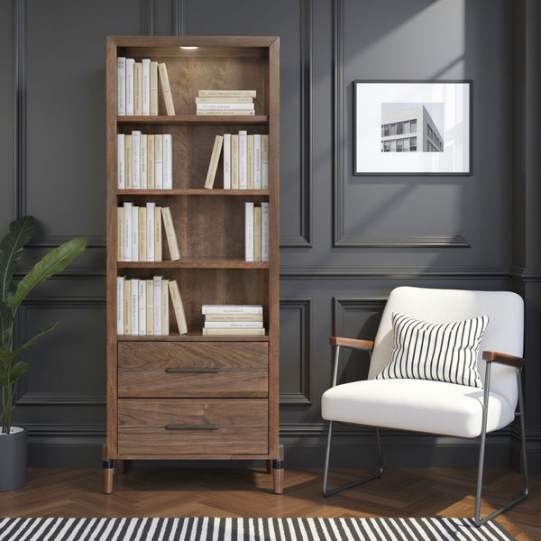 English Elm Tranquility Mid-century Bookcase Pier with Led Shelves Walnut Veneer and Drawer Storage B108P411440