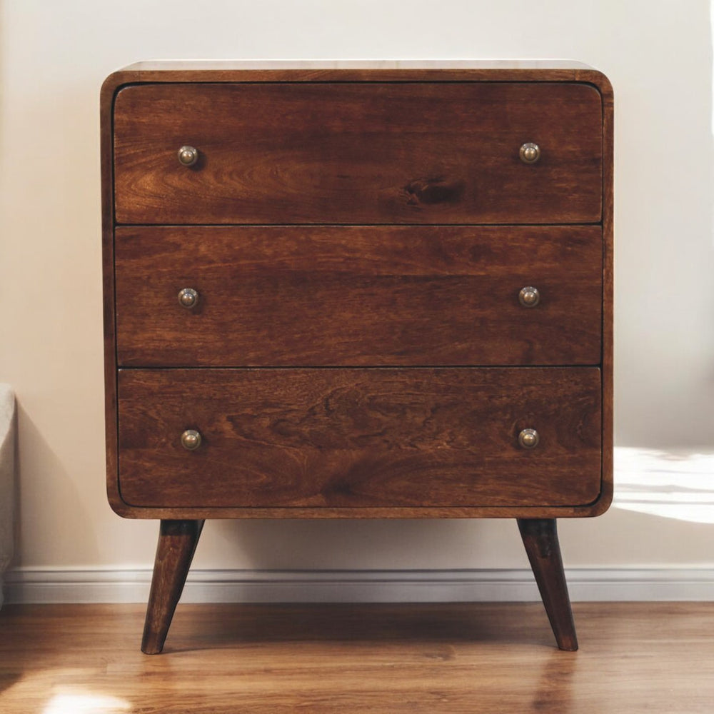 English Elm Solid Mango Wood 3-drawer Chest with Ridged Front and Tapered Nordic Legs for Bedroom B182P279209