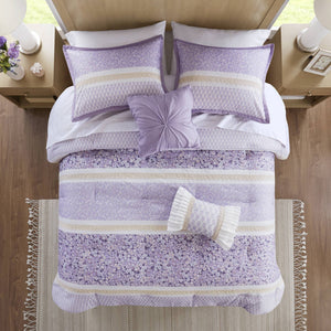 JLA Home Madison Park - 5 Seersucker comforter set with floral lace trims, ruffled pillows, hypoallergenic, cottage charm 90 L x 90 W x 1.5H MP10-8792
