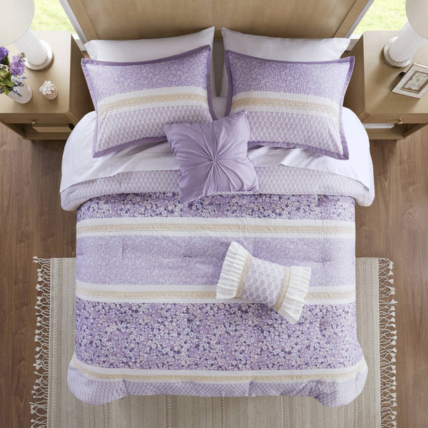 JLA Home Madison Park - 5 Seersucker comforter set with floral lace trims, ruffled pillows, hypoallergenic, cottage charm 90 L x 90 W x 1.5H MP10-8792