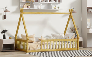 English Elm Twin Tent-Shaped Floor Bed With Guardrails – Cozy Teepee Design For Safe, Imaginative Sleep Space W504P345777-GIGA