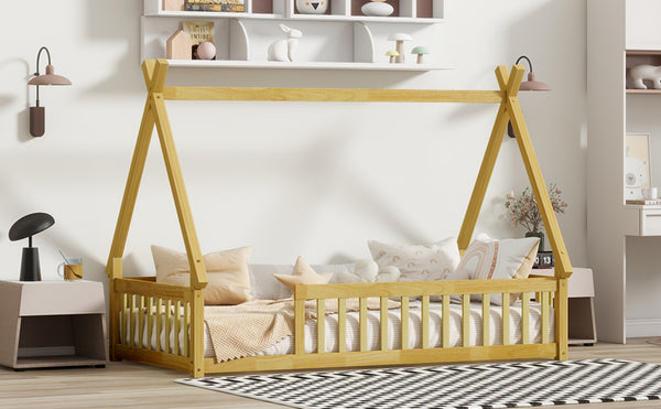 English Elm Twin Tent-Shaped Floor Bed With Guardrails – Cozy Teepee Design For Safe, Imaginative Sleep Space W504P345777-GIGA