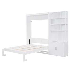 English Elm Full Full Size Murphy Bed with Hidden Cabinet, Multiple Shelves, Space-Saving White Design, 600lb Capacity GX000383AAK