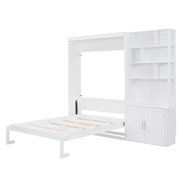 English Elm Full Full Size Murphy Bed with Hidden Cabinet, Multiple Shelves, Space-Saving White Design, 600lb Capacity GX000383AAK