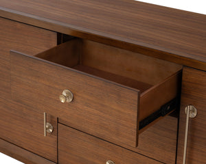 English Elm 1pc Mid-century Walnut Veneer Dining Server with Gold Legs and Bar Pull Hardware B2741P446683