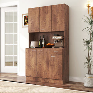 English Elm 70.87" Wardrobe Kitchen Cabinet with 6 Doors, 1 Drawer & Open Shelf — Durable Melamine MDF Storage Solution Walnut W331S00060