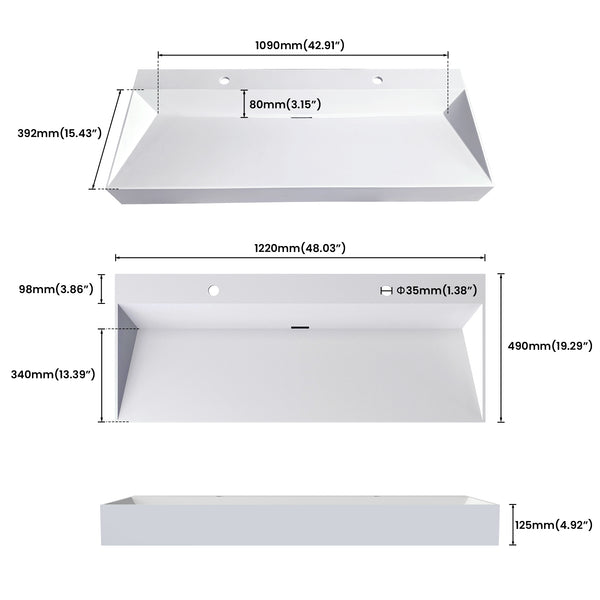 English Elm 48 Inch Matte White Solid Surface Bathroom Basin Rectangular Vanity Sink Modern T3785P491216