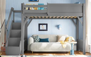 English Elm Twin Low Loft Bed Solid Pine Frame Kids Study Desk Blackboard Storage White Gray W1580S00467