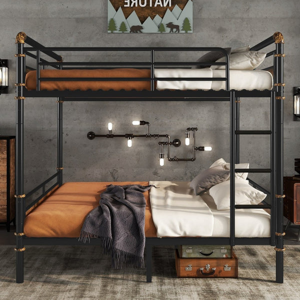 English Elm Queen Metal Bunk Bed - Industrial Queen Over Queen Design With Safety Rails For Teens & Guests W2580S00019-GIGA