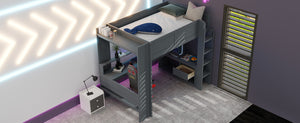 English Elm Wood Full Size Gaming Loft Bed with Desk, LED Lights, USB Charging Ports & Multi Storage Dark Gray SM000374AAE