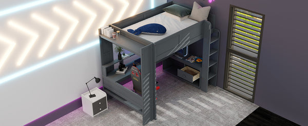 English Elm Wood Full Size Gaming Loft Bed with Desk, LED Lights, USB Charging Ports & Multi Storage Dark Gray SM000374AAE