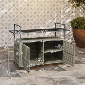 English Elm Outsunny Pe Rattan Outdoor Bar Cart with Glass Top Cabinet and Rolling Wheels W2225P485562