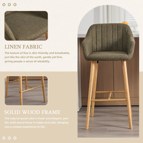 English Elm Modern Linen Upholstered Barstools with Oak Legs Armrests and Footrest for Kitchen Islands Green W395P396315