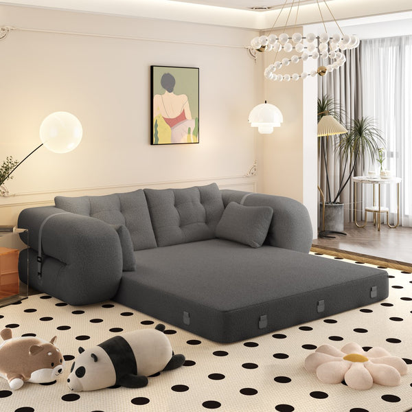 English Elm Human 78.7" Multi-Functional Foldable Sofa Bed – 3-in-1 Teddy Foam Sleeper, Removable Cushions, 2-Seater Guest Lounge Grey W1885P277277