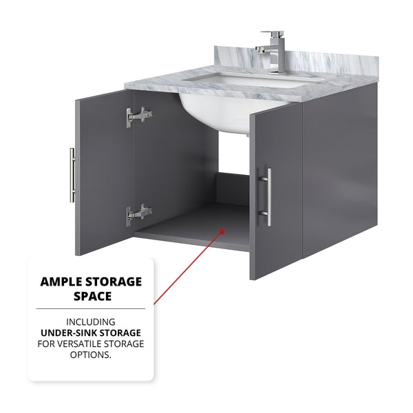 English Elm Dark Grey Single Bath Vanity Set With Carrara Marble Top, Mirror & Faucet - Compact Elegance! B2731S01295
