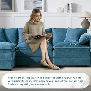 English Elm [video]103" Chenille L-shaped Sectional with Movable Ottoman Deep Seat Cloud Sofa Blue N723S0687C