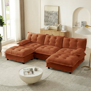 English Elm 107" U Shaped Chenille Sectional Cloud Sofa with Ottomans Deep Seat Modular Living Room Orange W714S01739