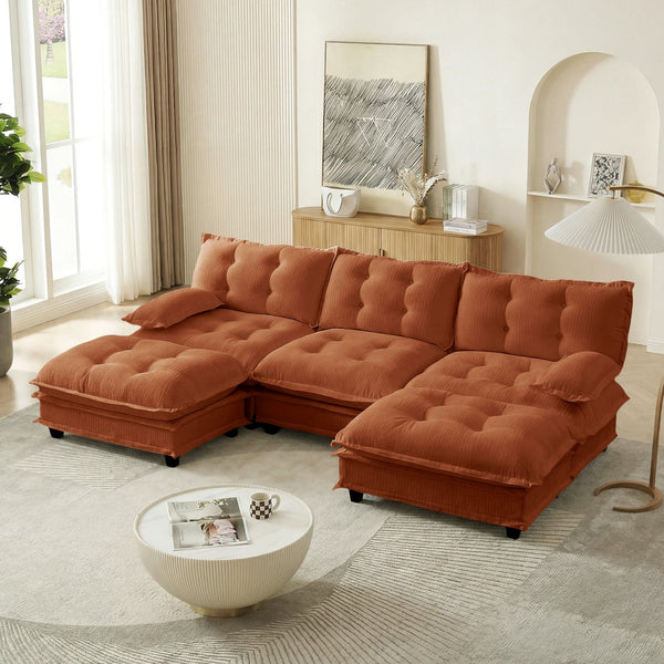 English Elm 107" U Shaped Chenille Sectional Cloud Sofa with Ottomans Deep Seat Modular Living Room Orange W714S01739