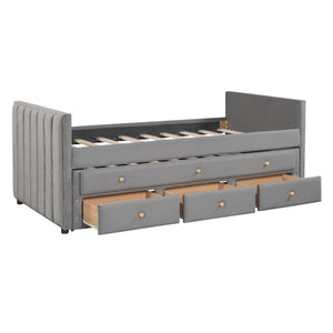 English Elm Twin Upholstered Daybed with Pull-Out Trundle and 3 Drawers, Velvet Finish, Solid Frame, Slat Kit Included Gray SF000147AAE