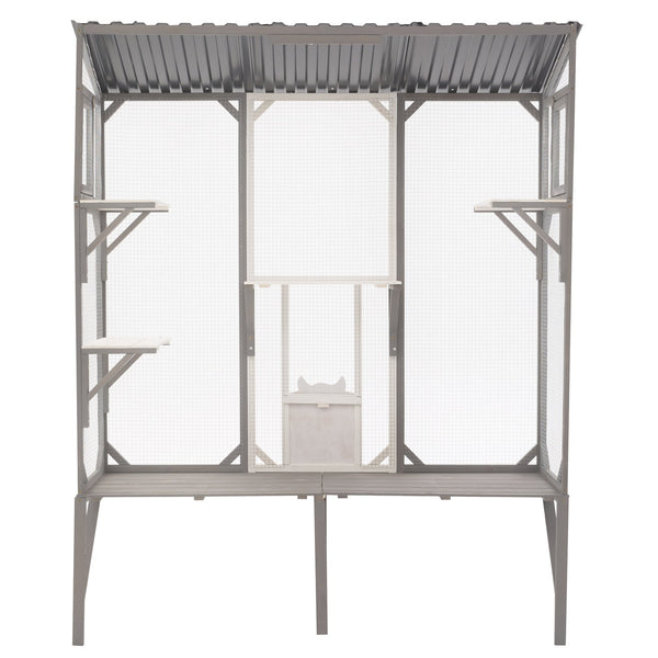English Elm Outdoor Fir Wood Window Catio Enclosure with Four Climbing Platforms for Cats Grey,White N719P418371K