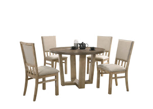 English Elm Baldo Round Oak Veneer Dining Set Seats Four with Wheat Upholstered Farmhouse Chairs B2749S00283