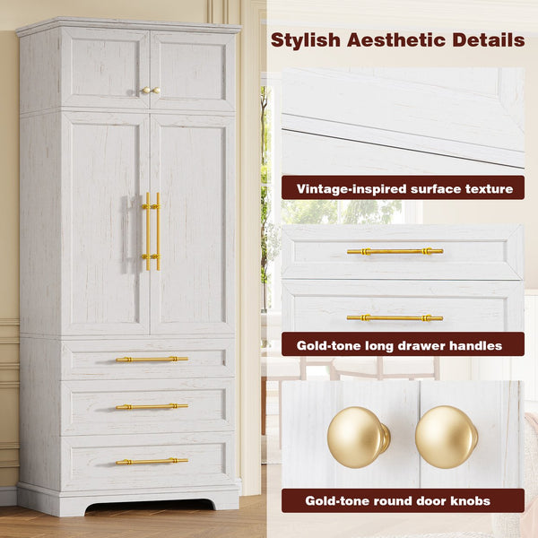 English Elm K&k Farmhouse Pantry Cabinet Tall Freestanding Kitchen Storage with Drawers Shelves White N707P356569W