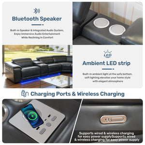 English Elm Power Reclining Sectional with Bluetooth Audio Led Lighting and Wireless Charging Tech Leather Dark Grey W3795S00020