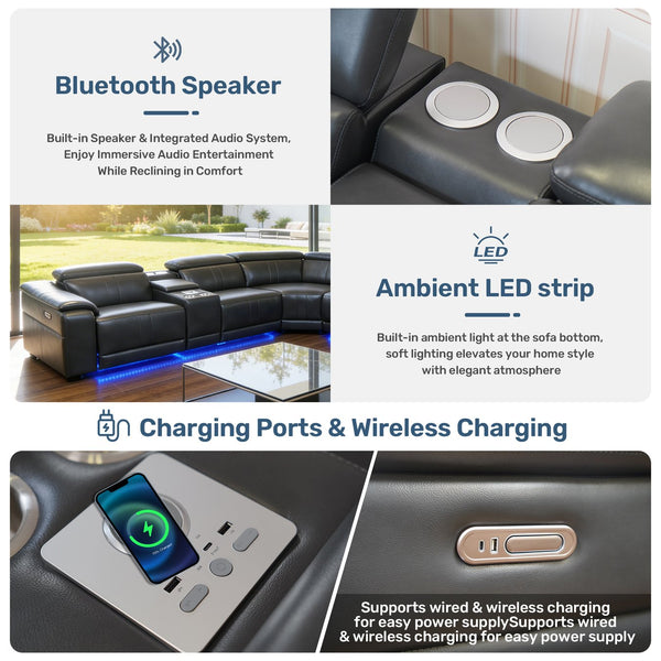 English Elm Power Reclining Sectional with Bluetooth Audio Led Lighting and Wireless Charging Tech Leather Dark Grey W3795S00020