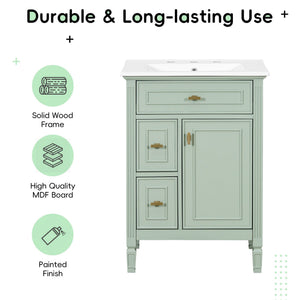 English Elm 24-Inch Bathroom Vanity with Sink, Solid Wood & MDF, Ceramic Top, Gold Handles, Flip Drawer Design Green N725P350824F