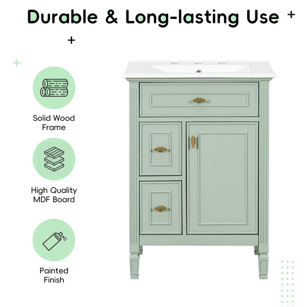 English Elm 24-Inch Bathroom Vanity with Sink, Solid Wood & MDF, Ceramic Top, Gold Handles, Flip Drawer Design Green N725P350824F