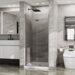 English Elm Goodyo 34"X72" Space-Saving Bifold Frameless Glass Shower Door & White Acrylic Base Combo Set W1223S00020