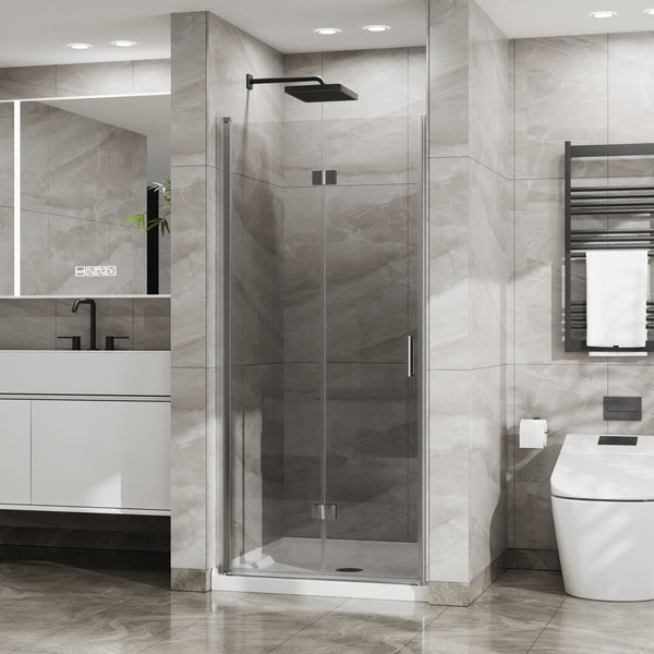 English Elm Goodyo 34"X72" Space-Saving Bifold Frameless Glass Shower Door & White Acrylic Base Combo Set W1223S00020