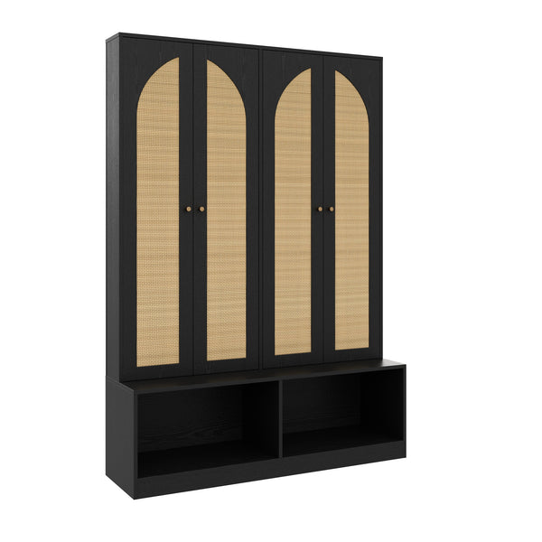English Elm Rattan Door Hall Tree Bench with 6 Hooks Farmhouse Entryway Storage N721S000074B