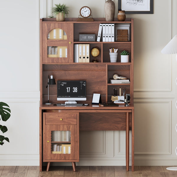 English Elm Computer Desk with Rotating Extension Panel Walnut Finish Glass Cabinets Home Office N733S363716D