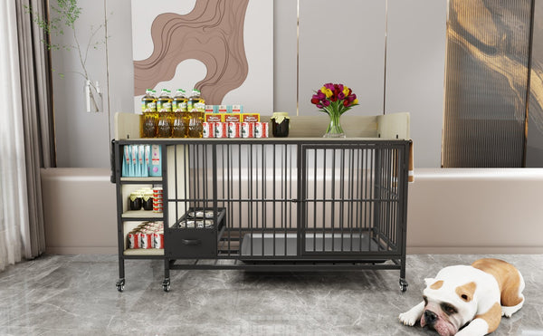 English Elm Large Iron Mdf Pet Enclosure with Storage Cabinet Rolling Casters and Steel Feeding Basins W3064P245384