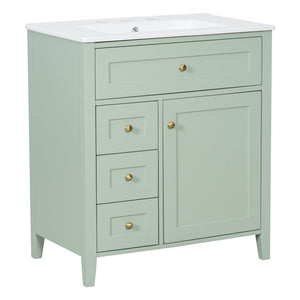 English Elm 30-Inch Contemporary Bathroom Vanity with Sink, MDF & Rubberwood, Glossy Finish, 3 Drawers + Cabinet Green N725P350819F
