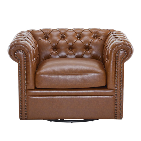English Elm Christopher Knight Home® - Chesterfield Swivel Club Chair with Deep Button Tufting, Nailhead Trim, 360° Metal Swivel Comfort Cognac 39.25 L x 33.85 W x 27.85 H N776P195601C